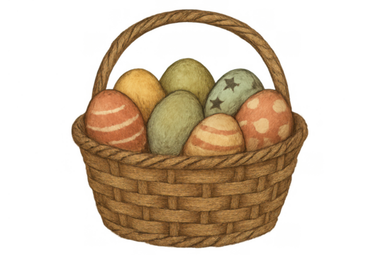 Easter basket filling with various colored and patterned eggs, celebrating spring holiday traditions, watercolor illustration