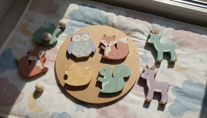Pastel Wooden Animal Puzzle on a Colorful Blanket.