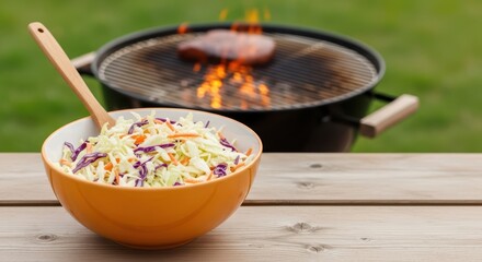 Fresh coleslaw and grilling steak on outdoor barbecue