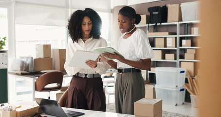 Talking, clipboard and women on tablet for supply chain, online orders and shipping website. Small...