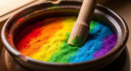 Rainbow Colored Powder Pigments in Brown Ceramic Jar with Wooden Pestle, Vibrant Art Supply