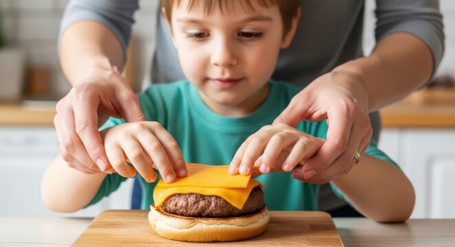 Young caucasian boy assembling cheeseburger with parent assistance in kitchen