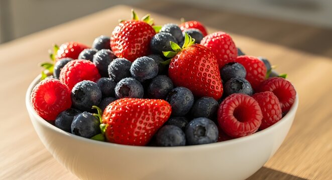 Fresh Berries in White Bowl on Wooden Table: Strawberries, Blueberries, Raspberries - Powered by Adobe