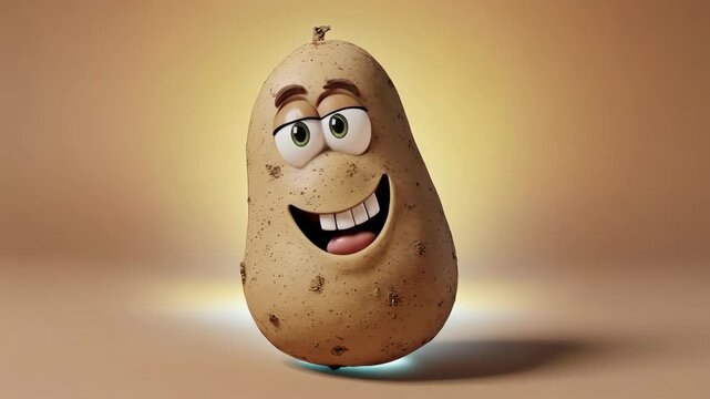 A smiling potato with cartoon eyes and mouth