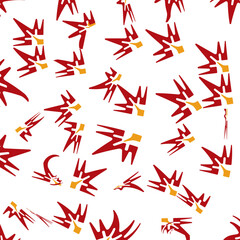Abstract red and yellow geometric shapes scattered on a seamless black background pattern