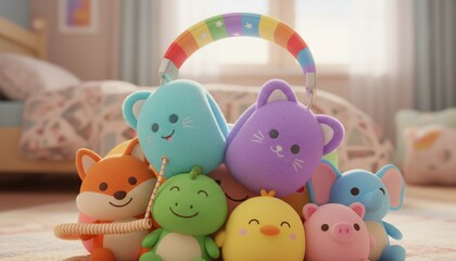 Adorable Plush Animal Toys with Rainbow Handle for Babies.