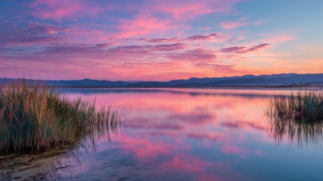 A vibrant sunrise colors the sky above a tranquil lake. Pink and purple hues reflect off the water surrounded by tall grasses and distant mountains.