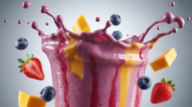 Berry smoothie explosion with mango and strawberries dynamic splash of healthy beverage ingredients and colorful fruit creating a vibrant image suitable for food and drink concepts