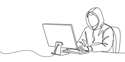 A single continuous line of a hacker sitting in front of a computer, symbolizing cybercrime, vector illustrator