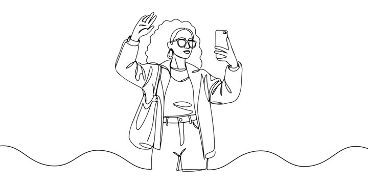 A single continuous line of an influencer taking a selfie, symbolizing the phenomenon of influencer marketing, vector illustrator
