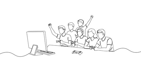 A single continuous line of a group of people playing video games, symbolizing video game culture, vector illustrator