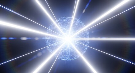 Futuristic energy sphere with radiating light beams in a dark digital space