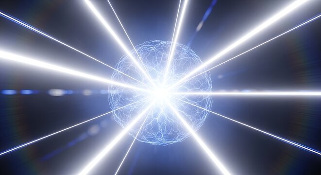 Futuristic energy sphere with radiating light beams in a dark digital space