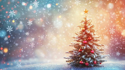 A snow-covered Christmas tree adorned with red ornaments and a star, set against a magical winter backdrop with falling snowflakes and bokeh lights.
