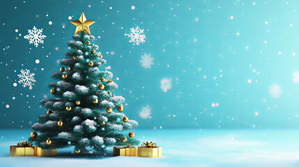 A snow-covered Christmas tree adorned with red ornaments and a star, set against a magical winter backdrop with falling snowflakes and bokeh lights.
