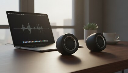 Laptop and Speakers on Desk with Audio Waveform Displayed.