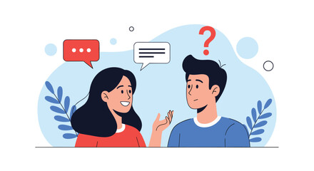 Two people engaged in a conversation, with speech bubbles and a question mark indicating dialogue and uncertainty.