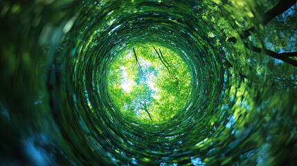 A fisheye view of a forest canopy, creating a tunnel-like effect with vibrant green foliage and dappled sunlight.
