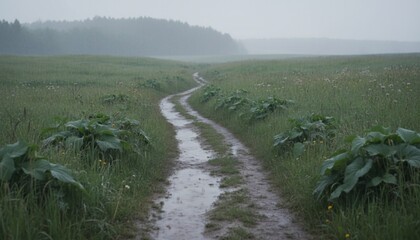 A muddy path winds through a misty field on a rainy day.