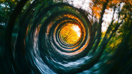 A fisheye view of a forest canopy, creating a tunnel-like effect with vibrant green foliage and dappled sunlight.
