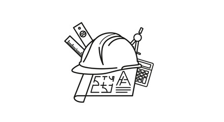 Fototapeta premium Construction and Engineering Tools, Hard Hat Blueprint Line Icon, Architecture and Planning Outline