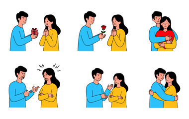 Couple showing different relationship moments including giving gifts, sharing a rose, hugging with love, arguing, reconciling, and happily embracing again, capturing emotions and connection. 