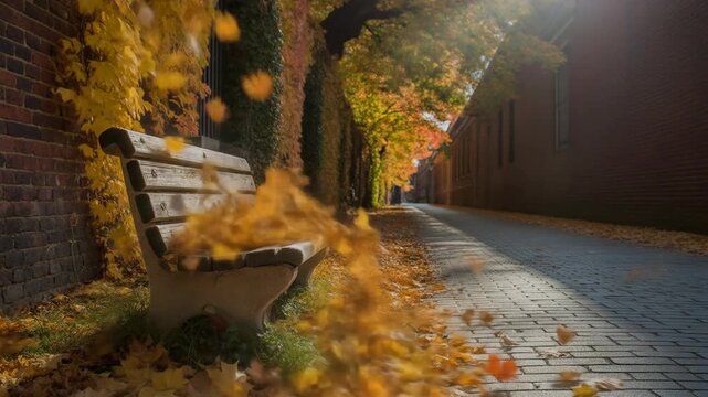 A quiet autumn scene featuring a park bench along a tree-lined pathway covered with fallen leaves under warm sunlight