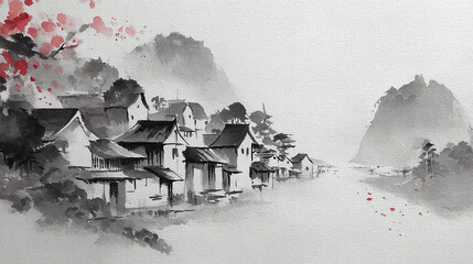 Traditional Chinese village by a misty river with mountain backdrop and cherry blossoms
