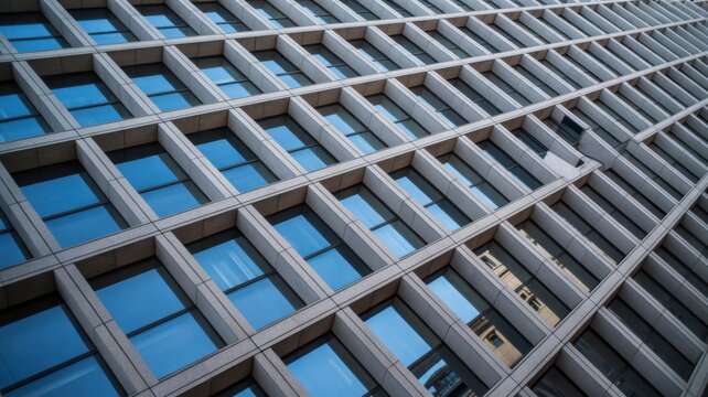 Modern architecture featuring symmetrical grid of glass windows and concrete structure showcasing the urban design and geometric patterns with reflections offering a clean and minimalist aesthetic