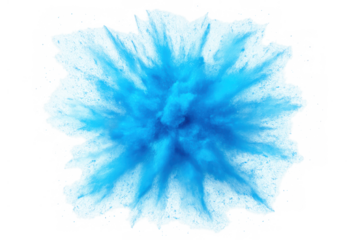 Blue powder explosion bursting outward in air creating a dynamic splash of colorful pigment, transparent background