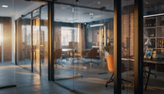 Soft focus abstract view of a modern startup office interior with glass wall partitions and warm afternoon sunlight.