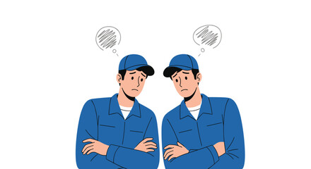 Two construction workers in blue uniforms with hats thinking with thought bubbles above their heads.