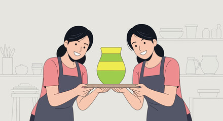 Two potters presenting ceramic vase, Smiling women showing clay art, Handmade pottery studio scene