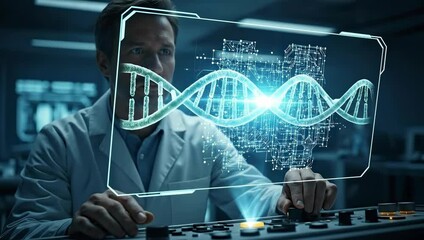 Scientist analyzing digital dna strand in futuristic research laboratory - Powered by Adobe