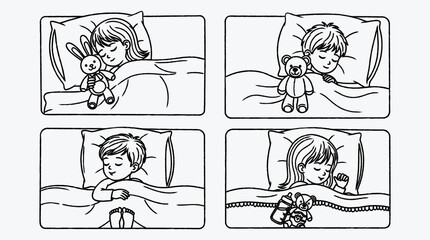 Children Sleeping in Bed with Plush Toys Black and White Illustration