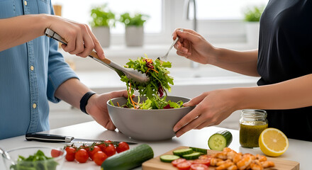 Two people preparing a fresh salad together in a bright kitchen