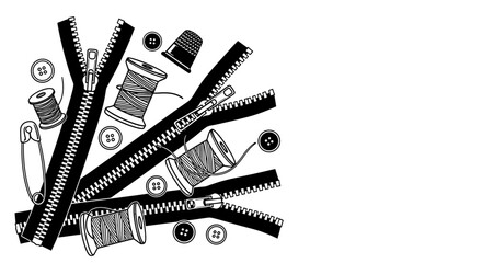 Sewing tools black and white background, Tailoring equipment pattern, Abstract zipper and thread design