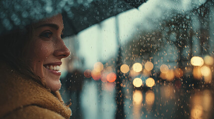 Woman smiling under an umbrella in the rain with blurred city lights in the background
