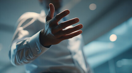 Close-up of a person's hand extended forward in a modern indoor setting with blurred background lighting
