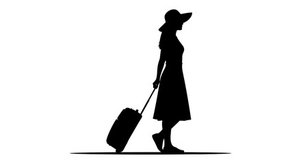 Fototapeta premium Side View Woman Walking with Suitcase, Elegant Female Silhouette Traveling, Minimalist Travel Icon
