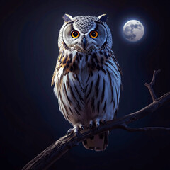 great horned owl on branch with night moon