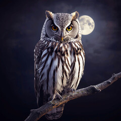 great horned owl on branch with night moon