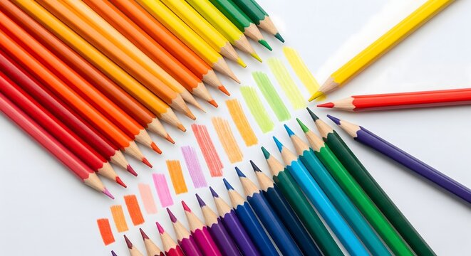 Vibrant Color Pencil Arrangement with Artistic Swatches on White Background - Powered by Adobe