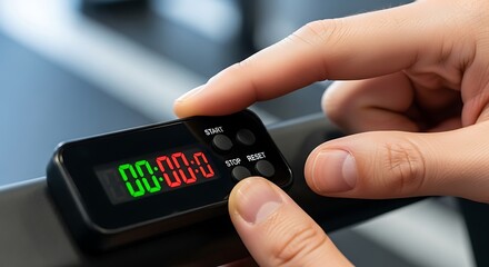 Close-up of Hand Pressing Start Button on Treadmill Timer