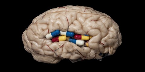 Fragmented mind. A shattered human brain intertwined with scattered painkiller capsules whose glossy surfaces reflect distorted memories. Suitable for medical, mental-health, pharmaceutical concepts.