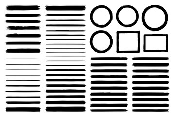 Hand-Drawn Ink Lines and Geometric Shapes Set &ndash; Brush Stroke Circles, Squares, Underlines, Minimalist Sketch Elements