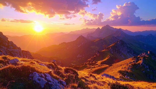 A breathtaking sunrise illuminates a vast mountain range, casting golden light on rugged peaks and dramatic clouds.