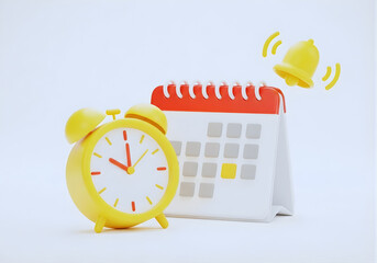 Yellow Ringing Bell, Flip Calendar & Alarm clock. Date reminder icon 3D rendering illustration isolated on transparent background. Time management concept.