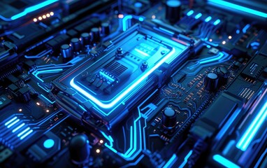Fototapeta premium Close-up shot reveals a technologically advanced circuit board with glowing blue lines highlighting its intricate components.