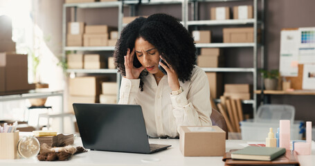 Fototapeta na wymiar Laptop, woman or phone call with stress in logistics for supplier delay, delivery mistake or crisis. Ecommerce, small business owner and speaking to client for lost package, shipping error and worry
